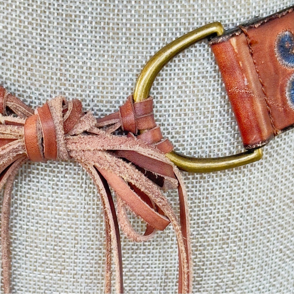 American Eagle Boho Brown Leather Belt Blue Embroidery Tie Front Tassels M/L - Picture 6 of 16